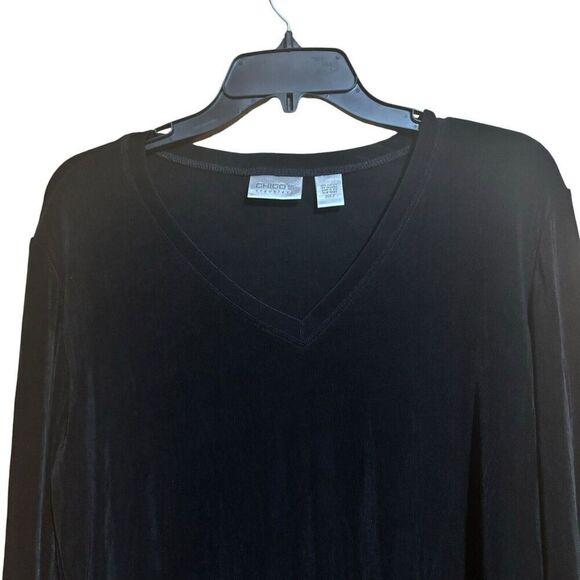 Chicos Travelers Top Womens Large Black Acetate Slinky Stretch V Neck Blouse - Picture 2 of 8